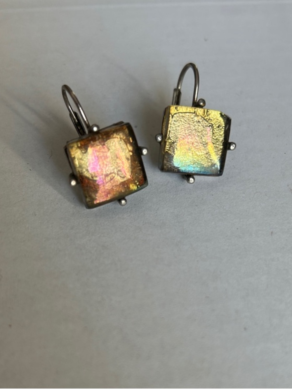 Dichroic Glass Square Drop Earrings - Iridescent Gold